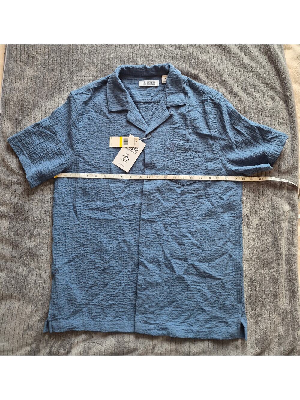 Original Penguin Men's Seersucker Camp Shirt Blue Short Sleeve Button Up NWT $95